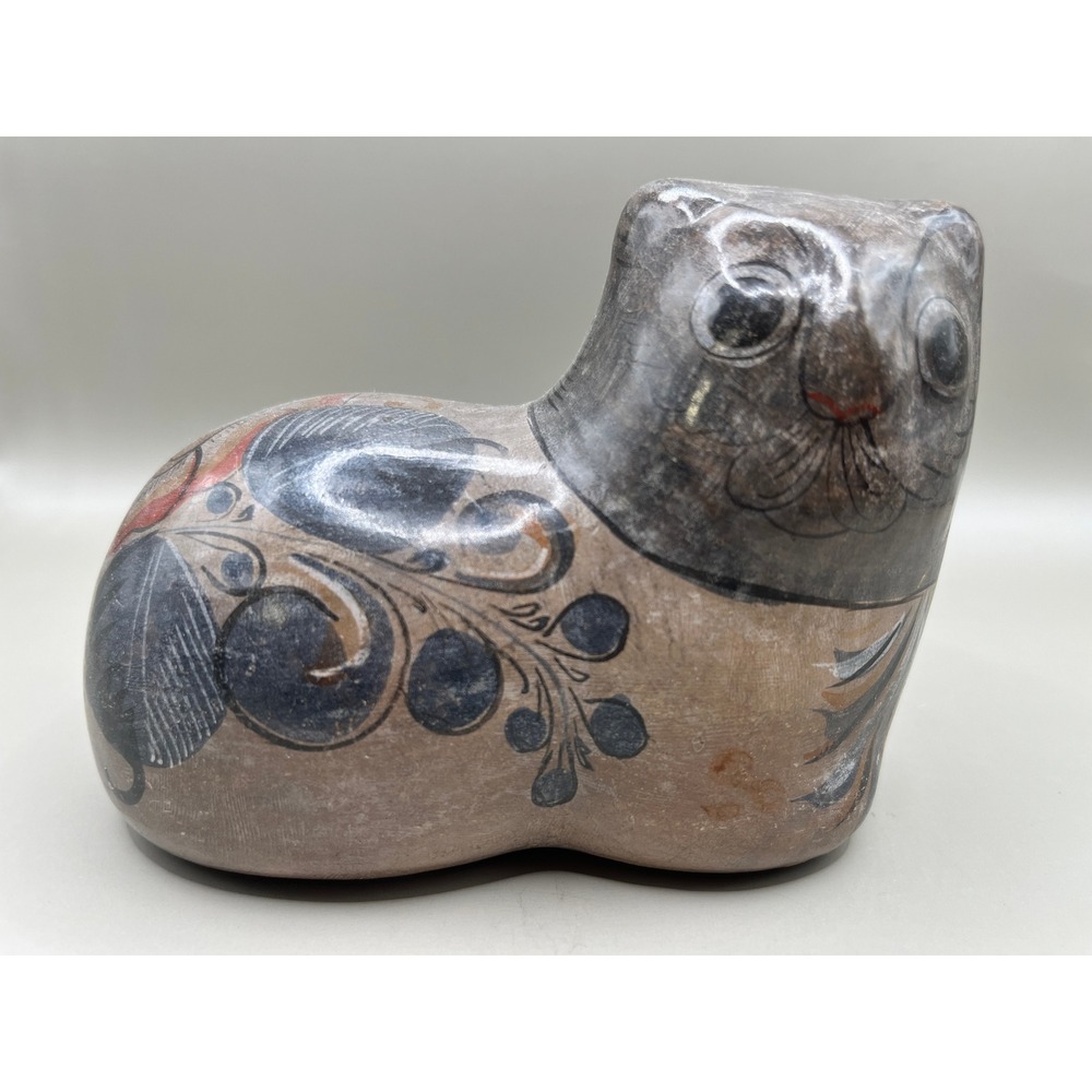 Vtg Signed Tonala Mexican Folk Art Pottery Lying Cat Hand Painted Floral 3" x 5"